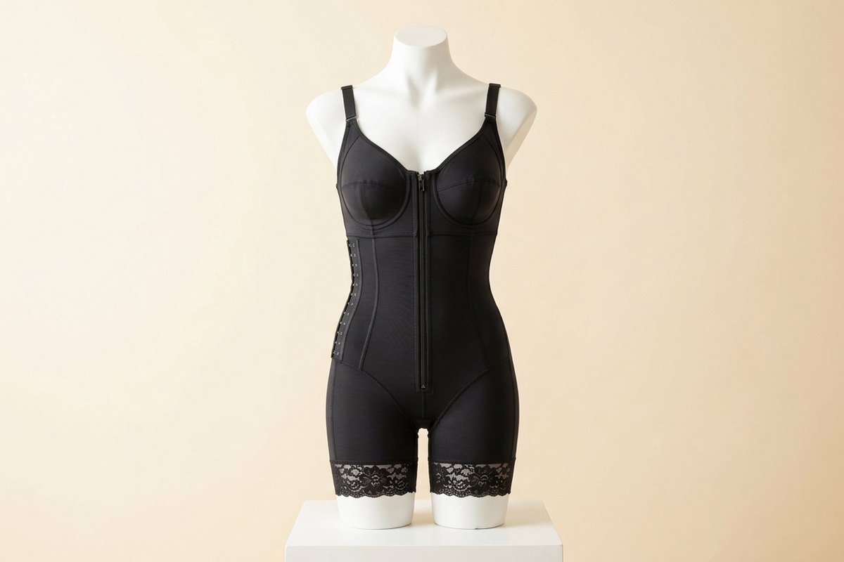 Black post-surgical compression faja bodysuit with front zipper on a display mannequin — the CYSM garment styles fitted in-studio