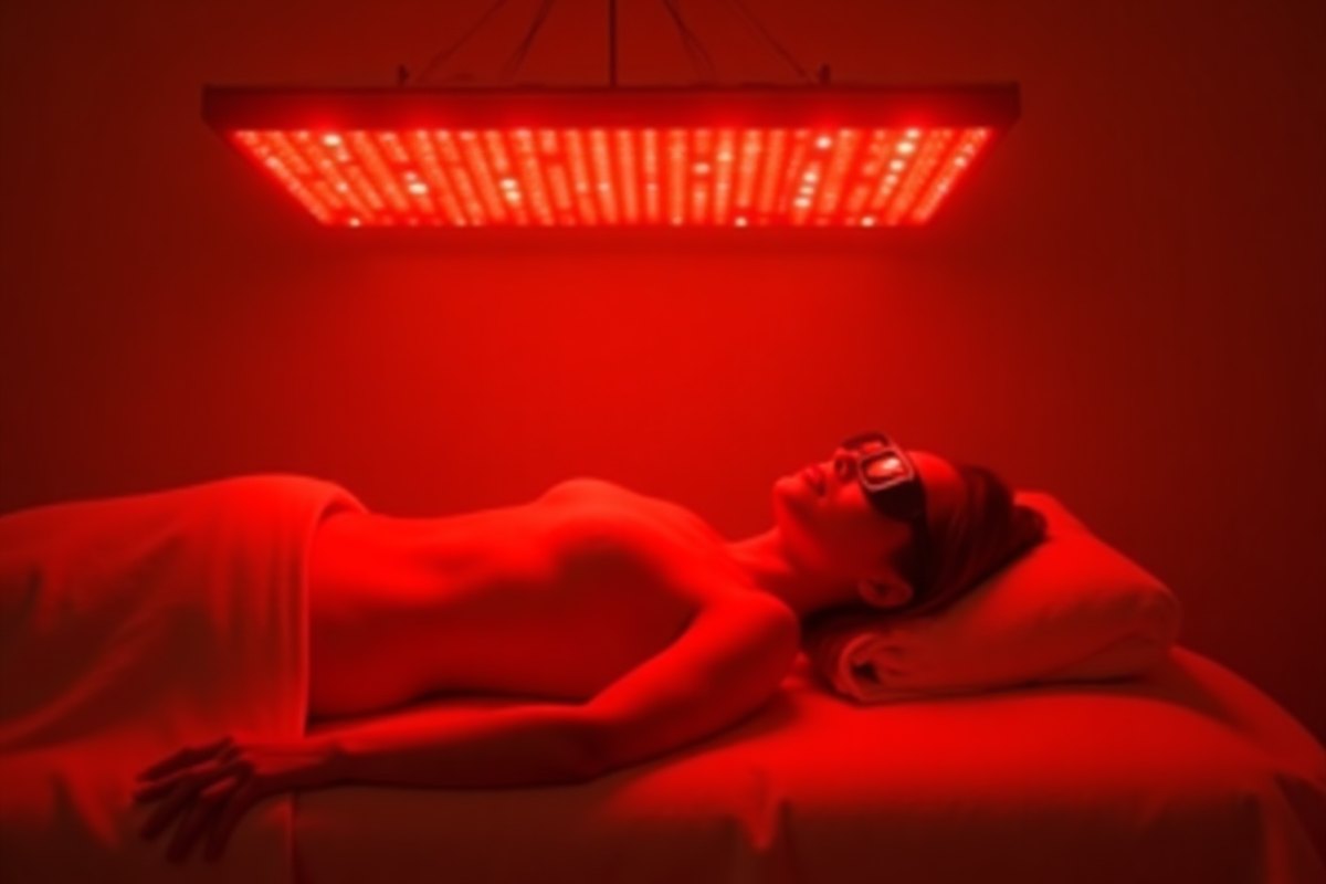 Red light therapy — resting under a red and near-infrared LED panel with protective eye shields